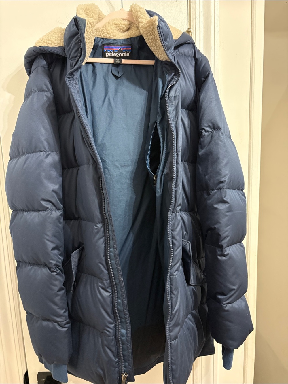 Patagonia Kids Navy Puffer Jacket with Sherpa-Lined Hood (Unisex)